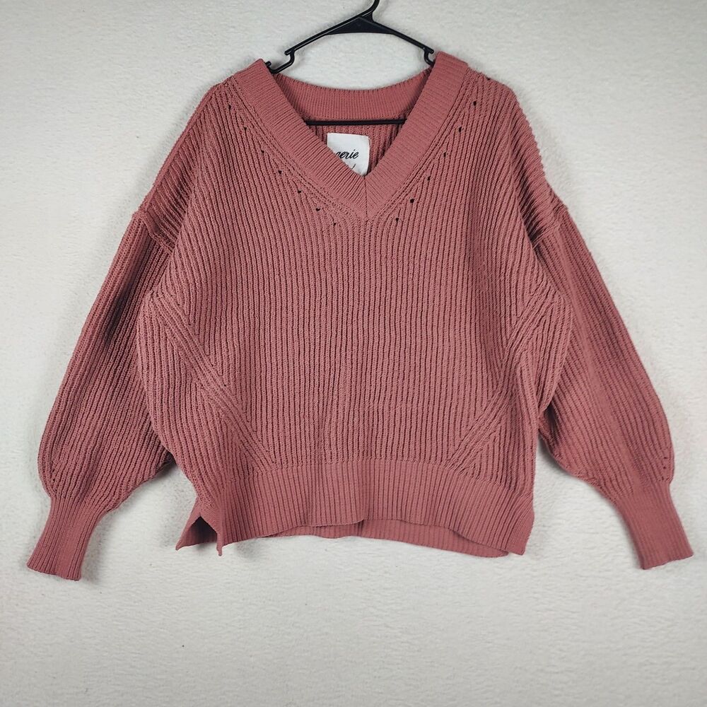 Aerie Chunky Knit Sweater Womens Small Pink V Neck Cropped Pullover